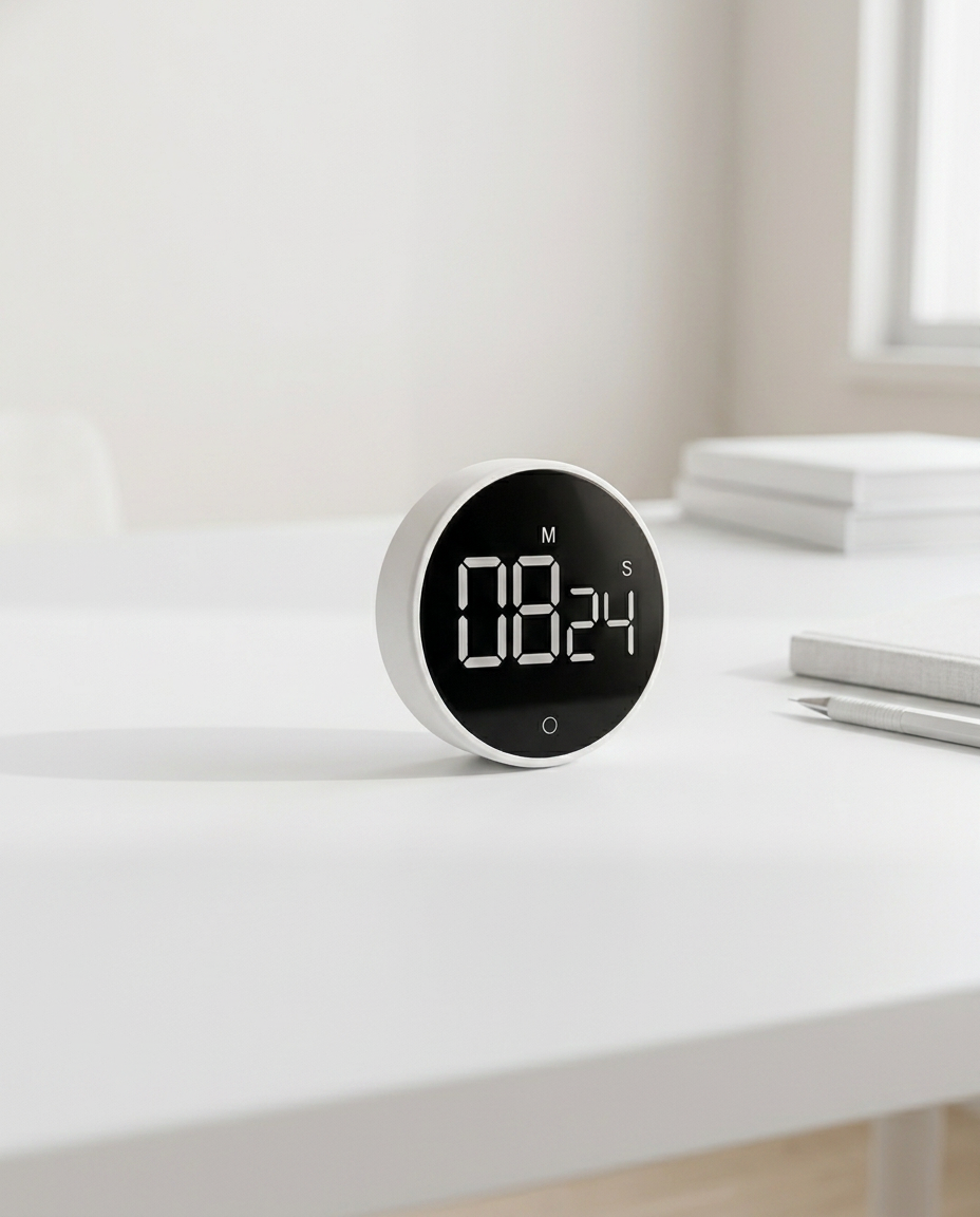 A round white digital timer showing 08:24 on a white modern desk in soft daylight.