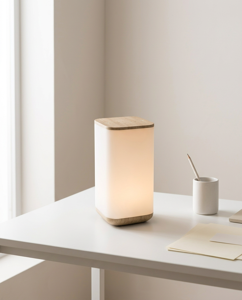 A warm dimmable lamp glowing low on a clean white modern desk in daylight.