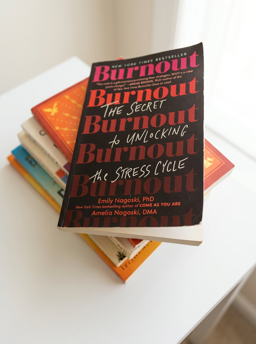 The Burnout paperback by Emily and Amelia Nagoski on a stack of books on a white modern desk in daylight.