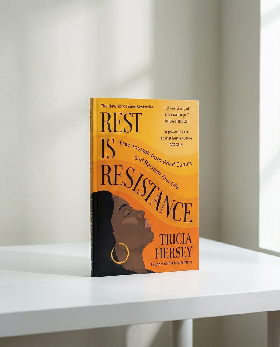 Rest Is Resistance by Tricia Hersey standing on a white modern desk in soft daylight.
