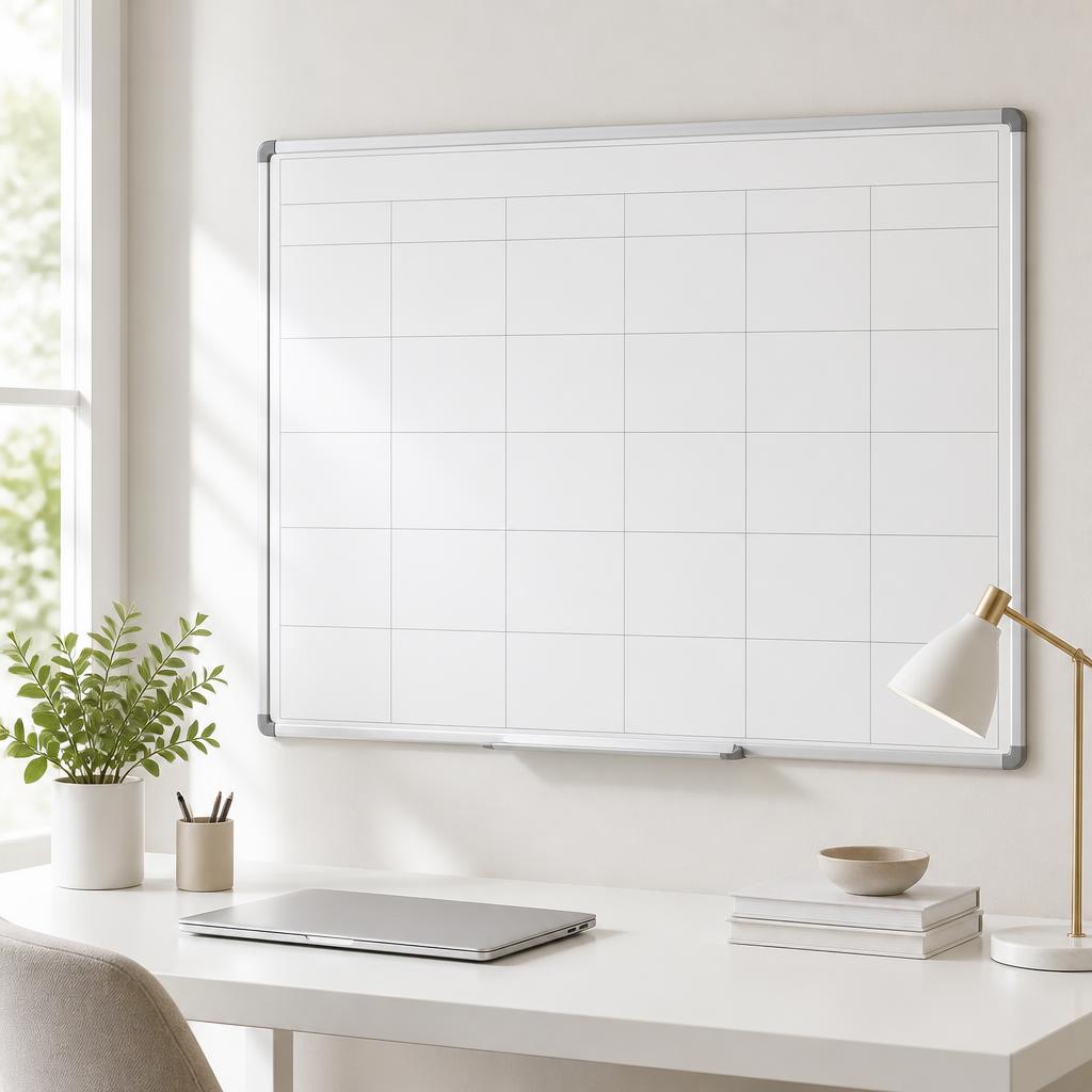 A blank dry-erase wall planner on a pale wall above a white modern desk in daylight.