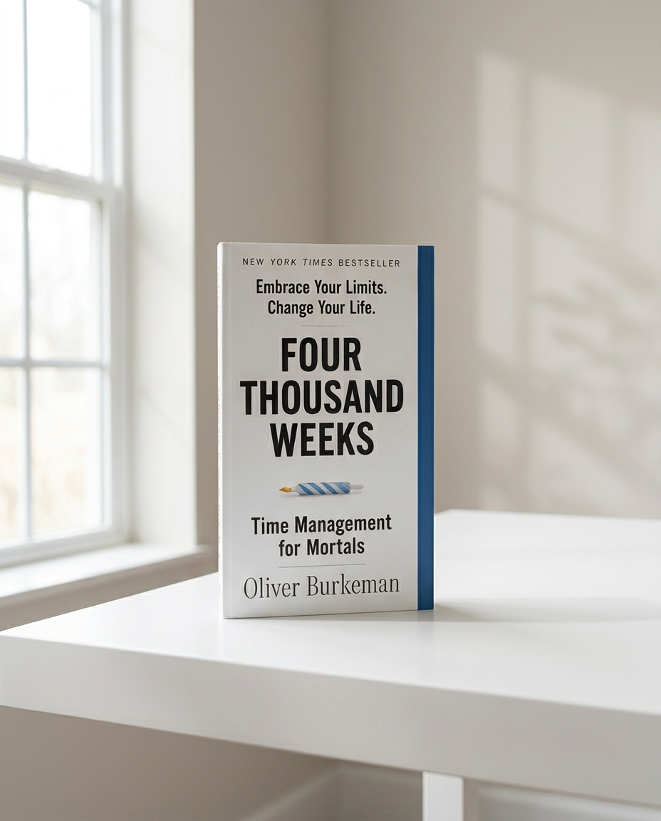 Four Thousand Weeks by Oliver Burkeman standing on a white modern desk beside a bright window.