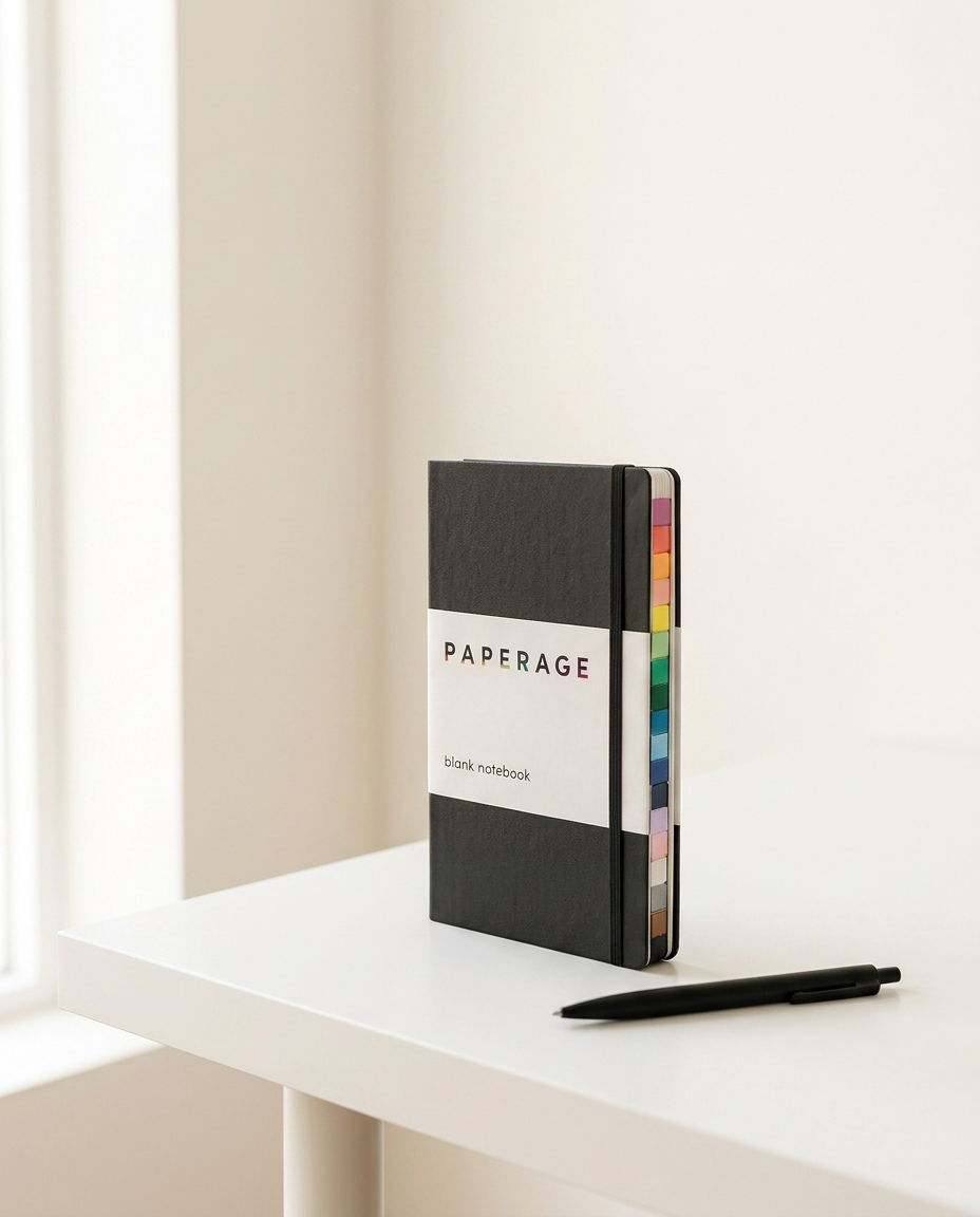 The black Paperage blank notebook standing on a white modern desk beside a black pen.