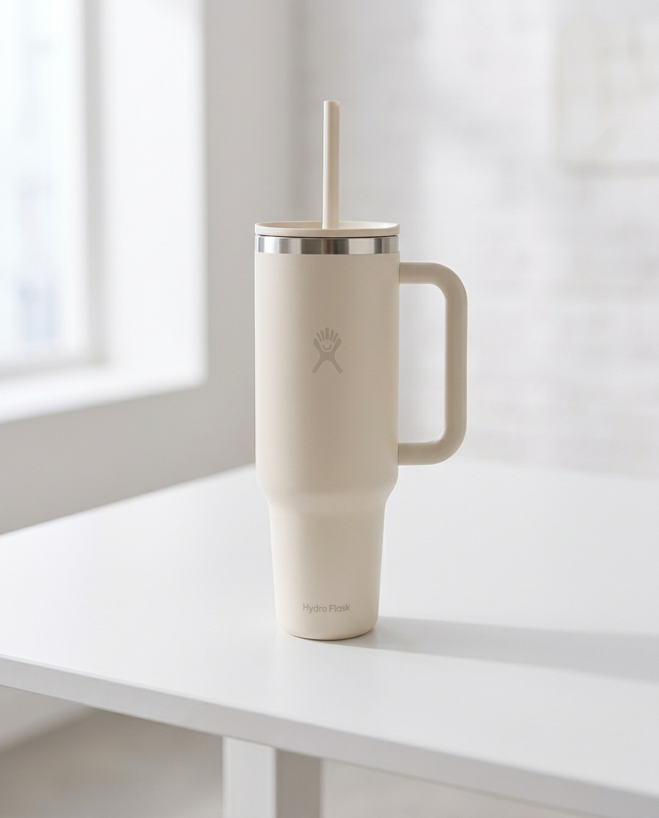 A cream Hydro Flask tumbler with straw on a white modern desk in morning light.