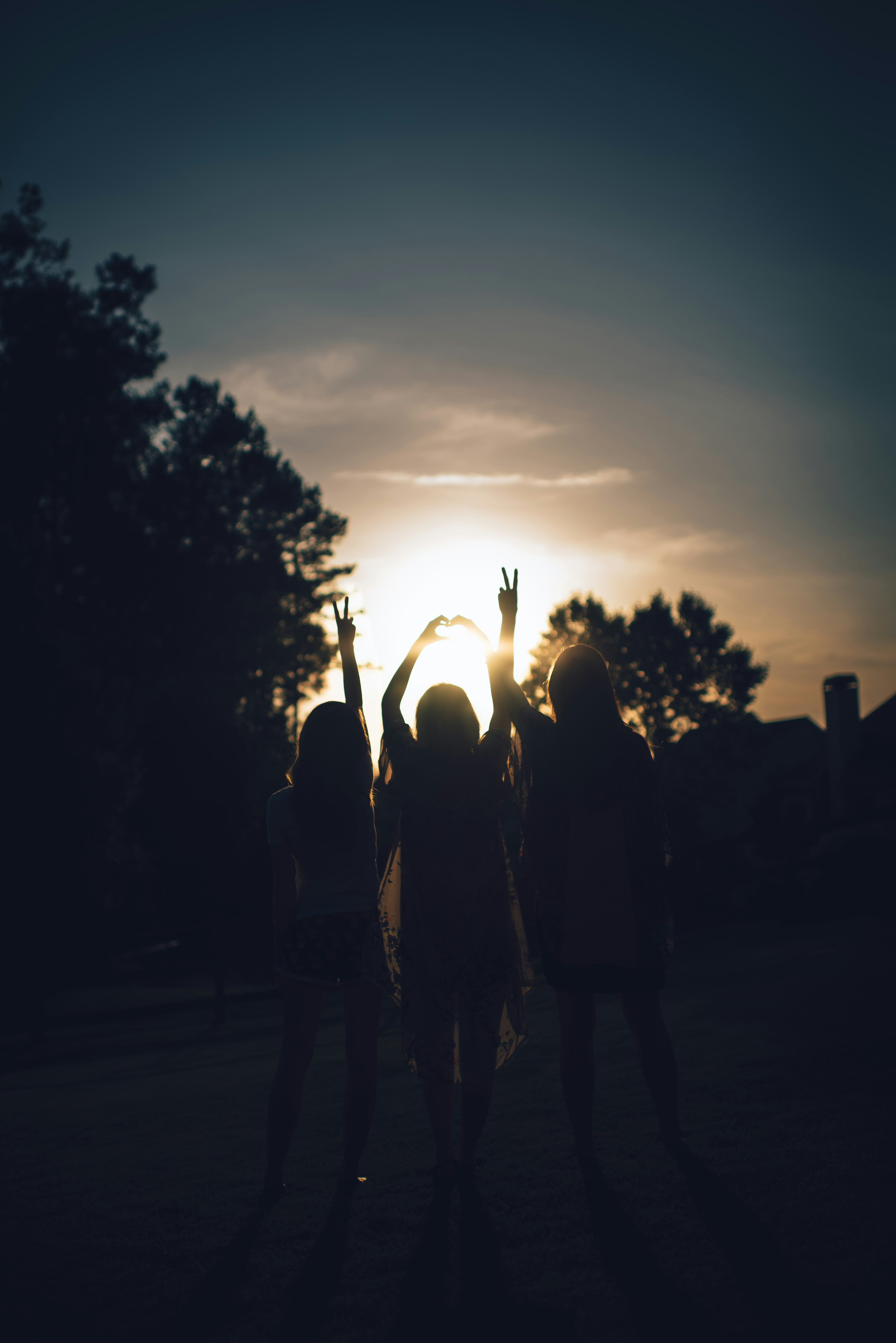 silhouettes with arms raised against a dusk sky