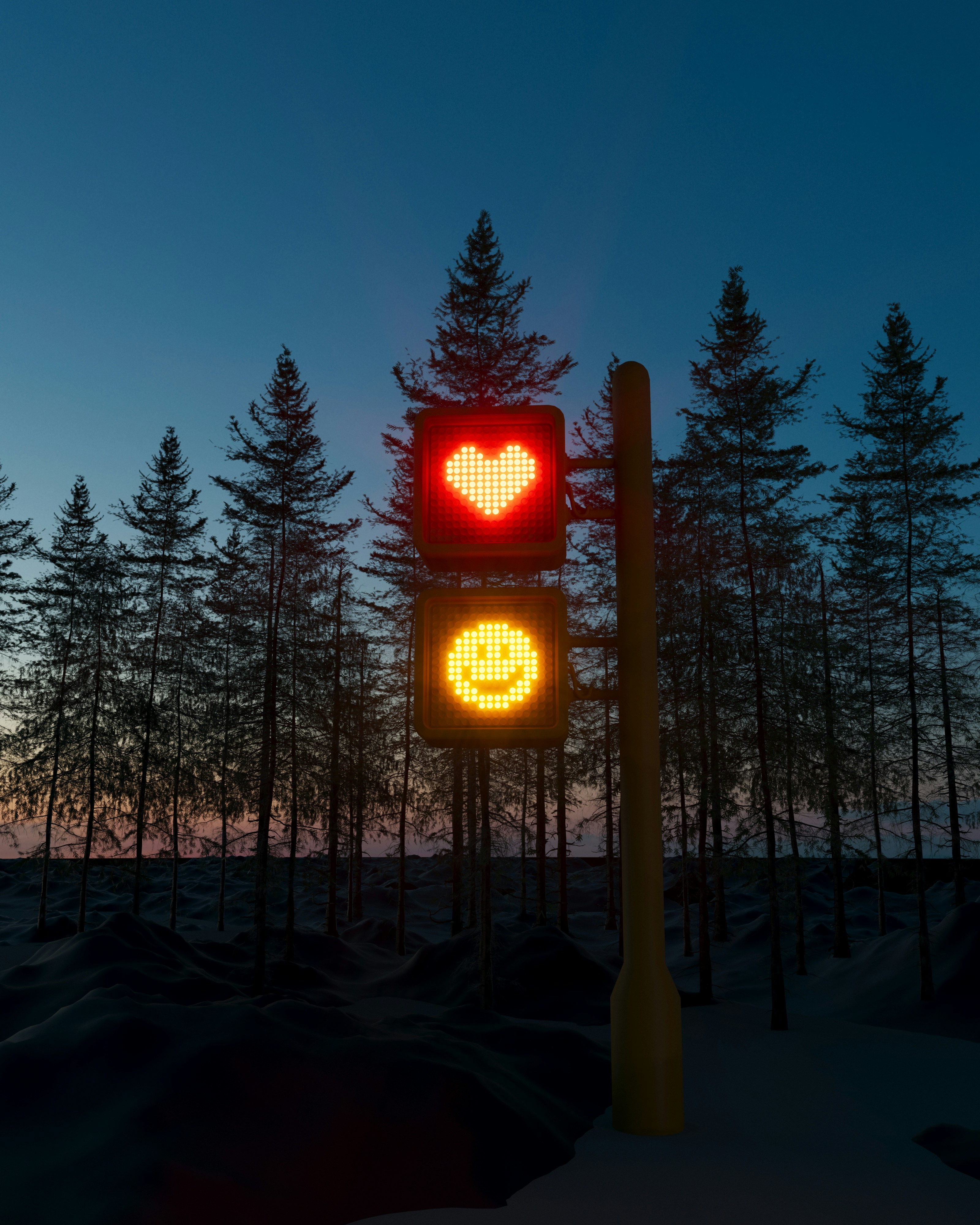 a traffic light glowing heart-shaped at dusk among pine trees