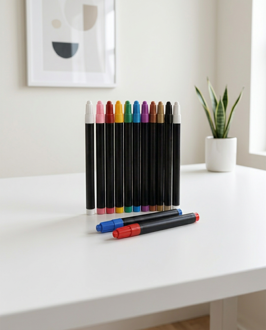 A row of coloured paint pens standing on a white modern desk in a bright minimal office.