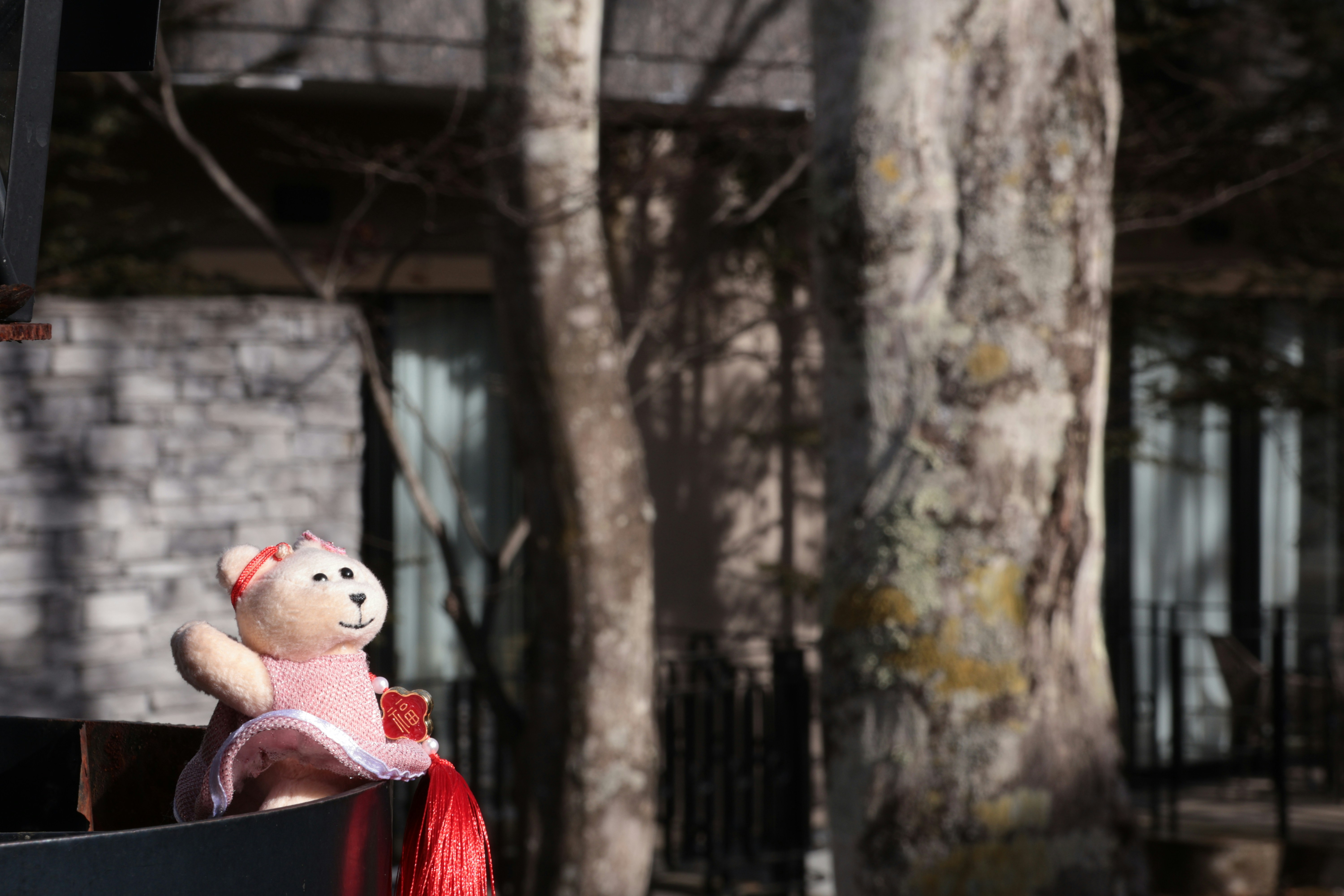 a soft toy left outside on a bench in winter