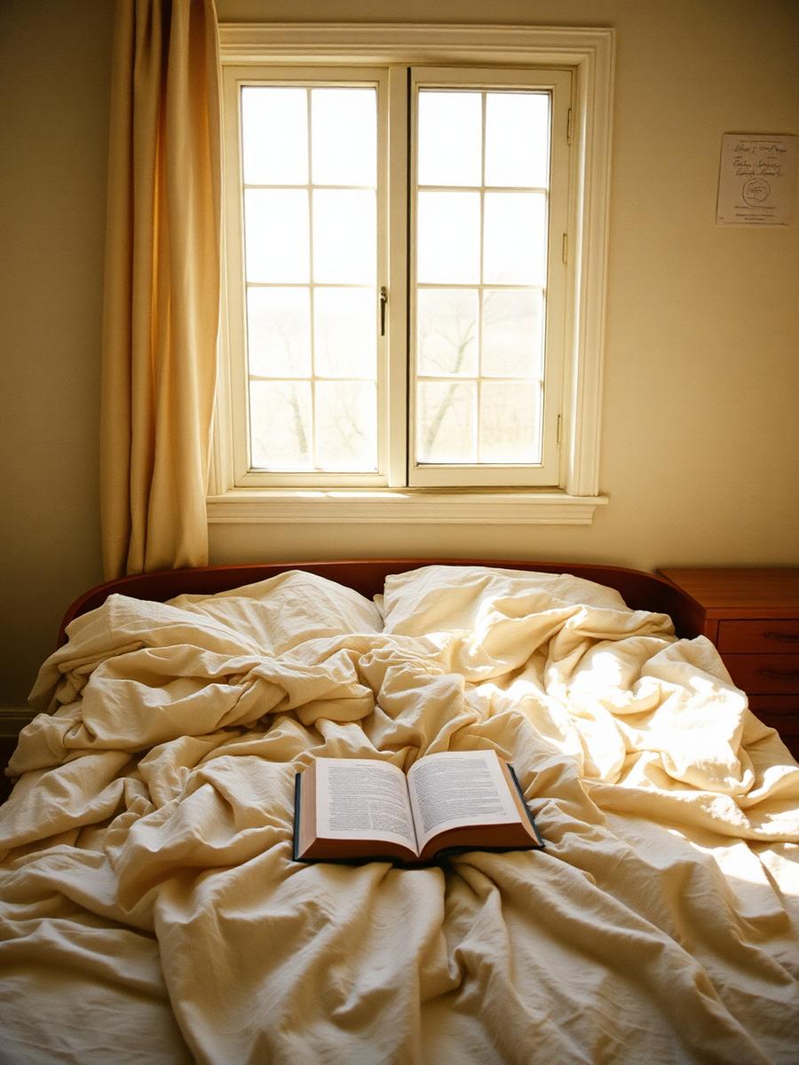 Morning light falling across a bedroom wall through linen curtains